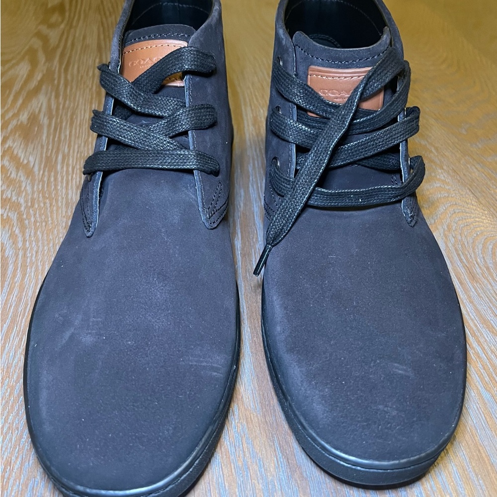 Coach Mens FG1504 Suede Chukka Boots Black Tan Leather Accents Size 11.5 D